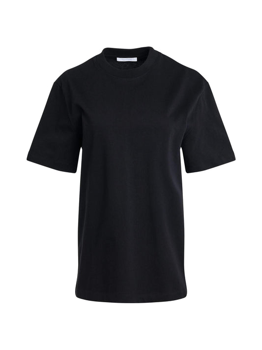 Image of a model wearing Tops. Productname: HELMUT LANG Helmut Lang Logo T-Shirt in BLACK colour by brand - HELMUT LANG