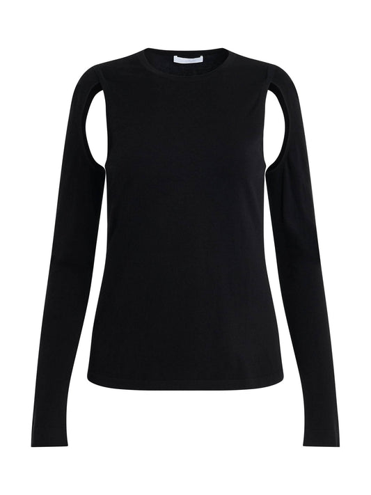 Image of a model wearing Outerwear. Productname: HELMUT LANG Cut Out Sweater in Black colour by brand - HELMUT LANG