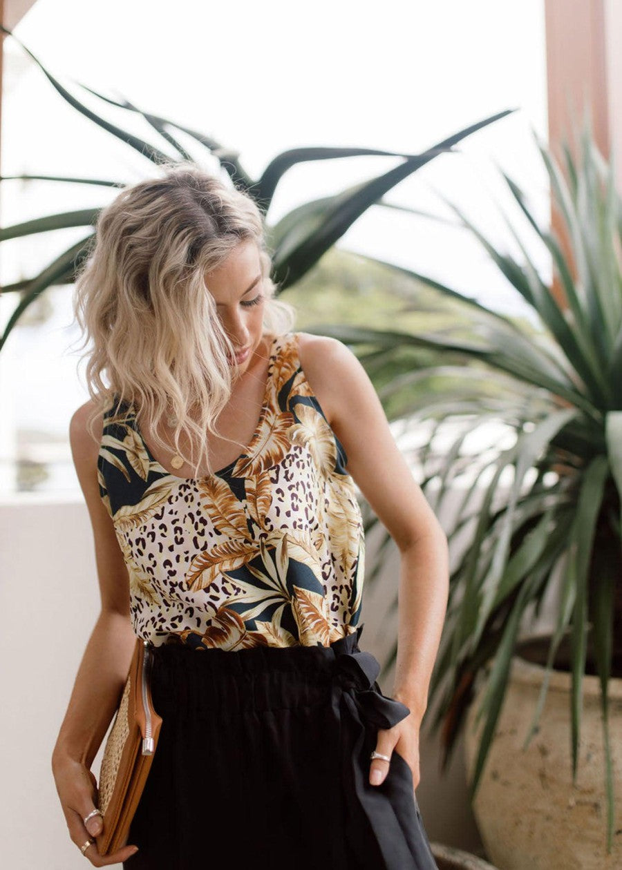 Lou Lou Iris Silk Sleeveless Camisole (Black Leaf)