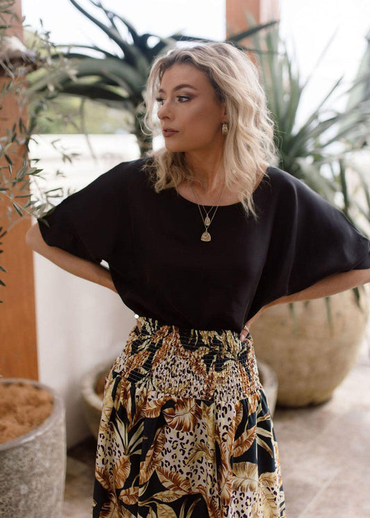 Lou Lou Lily Silk Maxi Skirt (Black Leaf)