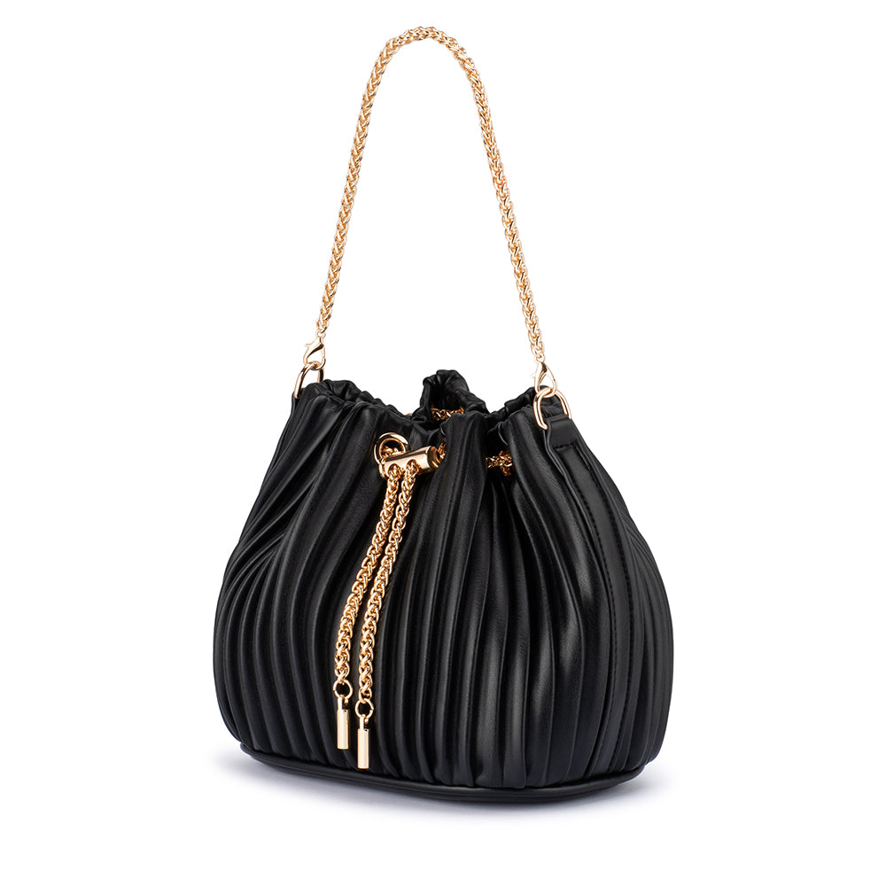 Olga Berg REMI Pleated Drawstring Bag (Black)