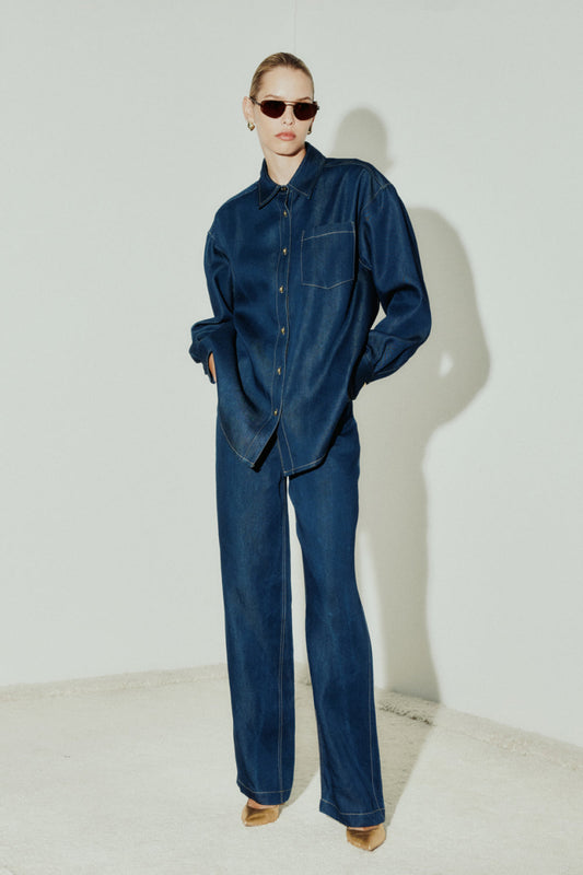 Image of a model wearing Tops. Productname: Off The Wall Shirt in DARK INDIGO colour by brand - Manning Cartell