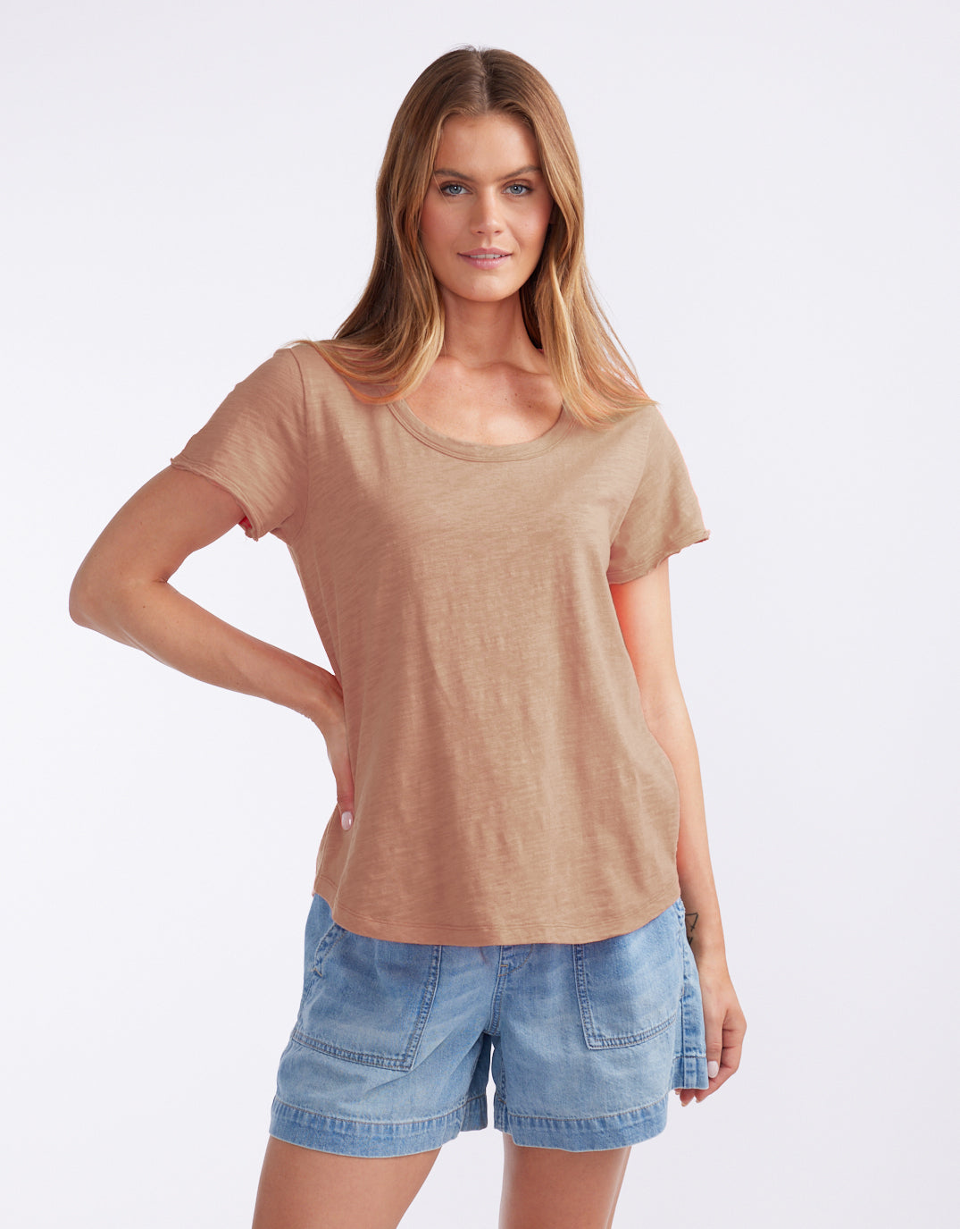 Image of T-Shirts. Product name - Original Round Neck Tee Mocha in Mocha colour by brand - White & Co.