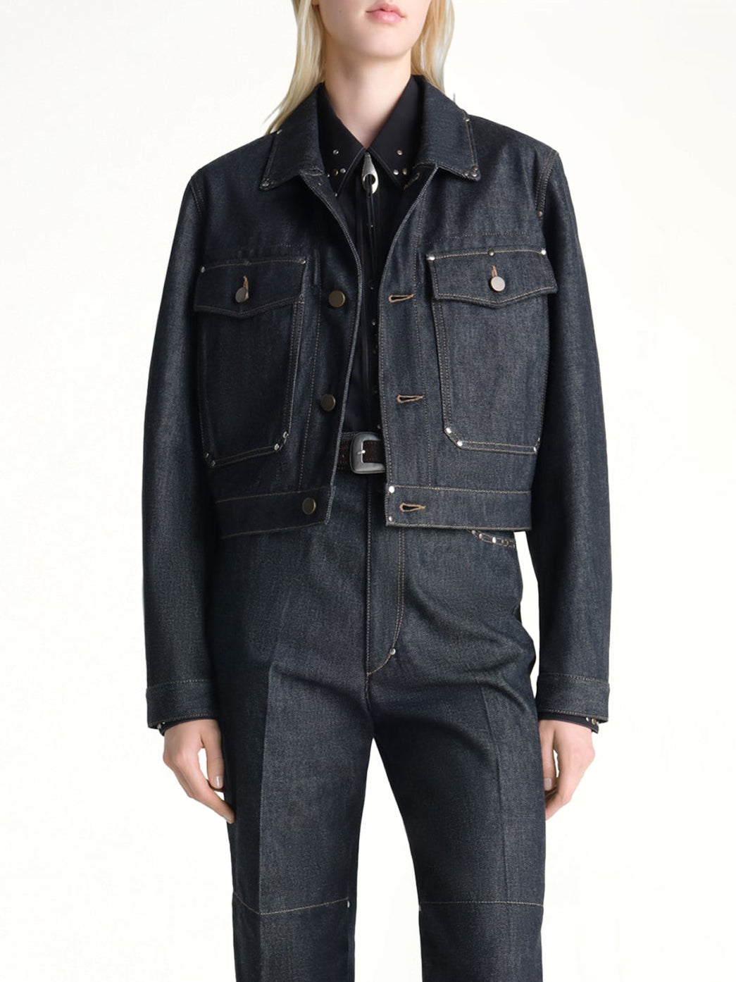 Image of Coats & Jackets. Product name - Cropped Blouson With Studs in Indigo colour by brand - LEMAIRE