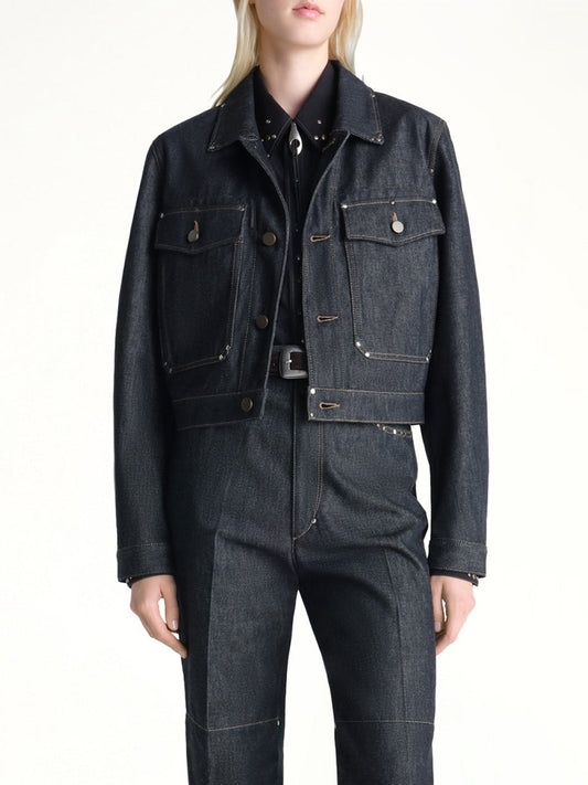 Image of Coats & Jackets. Product name - Cropped Blouson With Studs in Indigo colour by brand - LEMAIRE