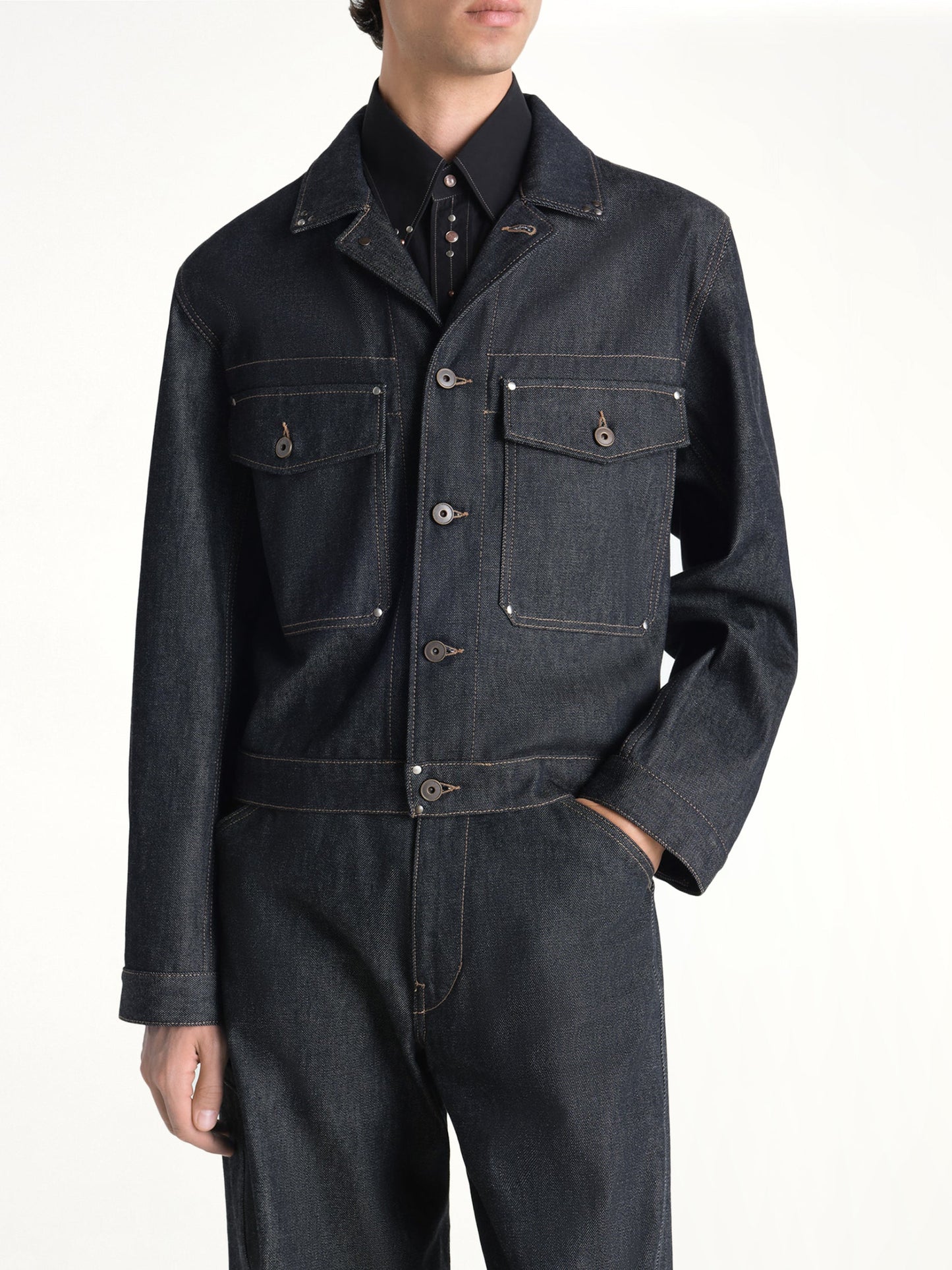 Image of Coats & Jackets. Product name - Trucker Jacket With Studs in Indigo colour by brand - LEMAIRE