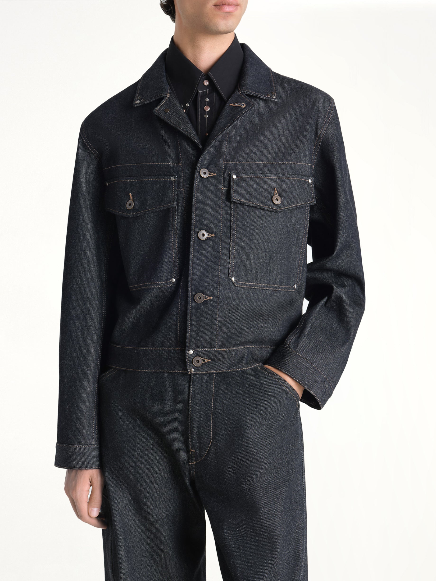 Image of Coats & Jackets. Product name - Trucker Jacket With Studs in Indigo colour by brand - LEMAIRE