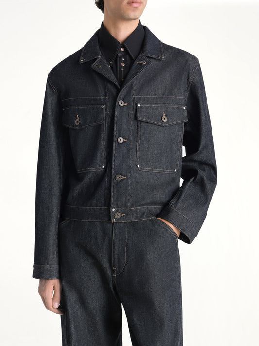 Image of Coats & Jackets. Product name - Trucker Jacket With Studs in Indigo colour by brand - LEMAIRE