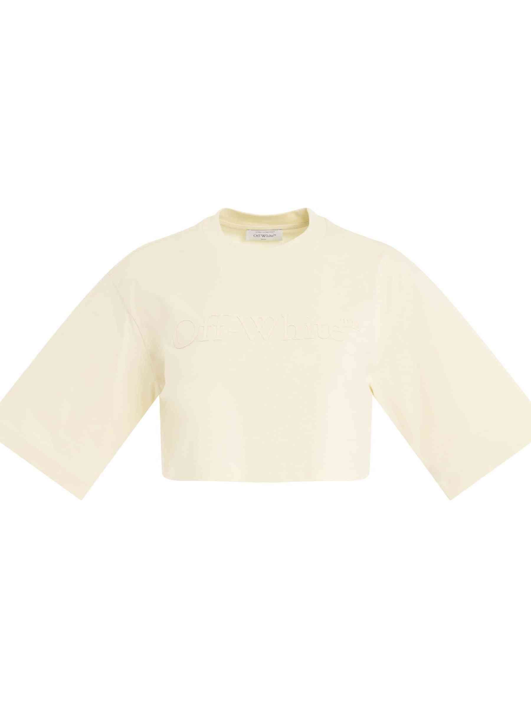 Image of a model wearing Tops. Productname: OFF-WHITE Big Logo X Crop T-Shirt in BEIGE colour by brand - OFF-WHITE