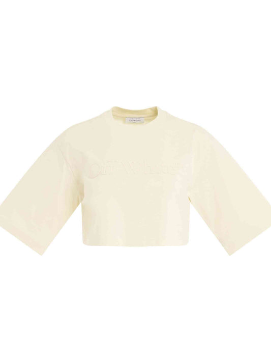 Image of a model wearing Tops. Productname: OFF-WHITE Big Logo X Crop T-Shirt in BEIGE colour by brand - OFF-WHITE