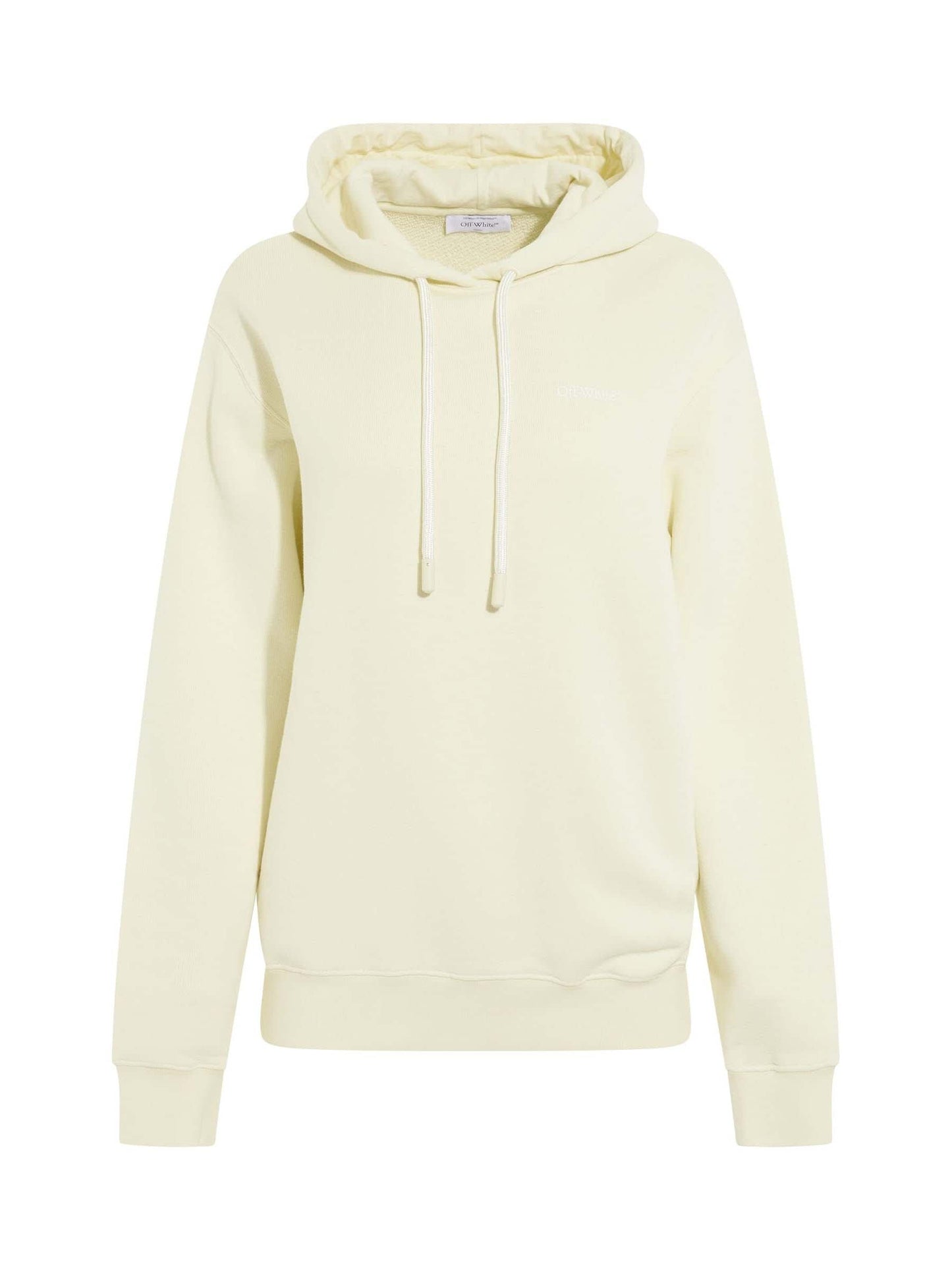 Image of a model wearing Outerwear. Productname: OFF-WHITE Embroidered Diagonal Tab Hoodie in BEIGE colour by brand - OFF-WHITE