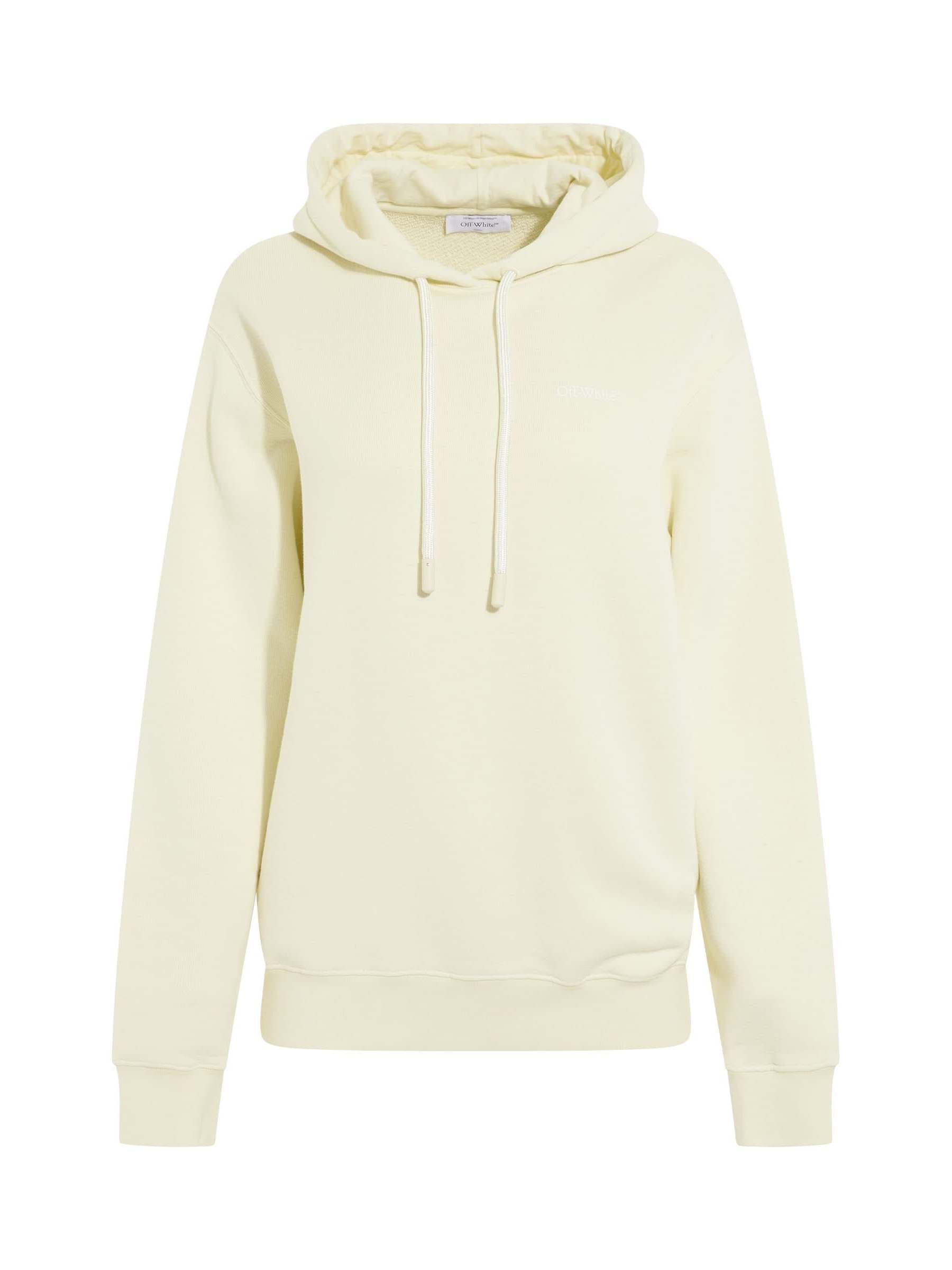 Image of a model wearing Outerwear. Productname: OFF-WHITE Embroidered Diagonal Tab Hoodie in BEIGE colour by brand - OFF-WHITE