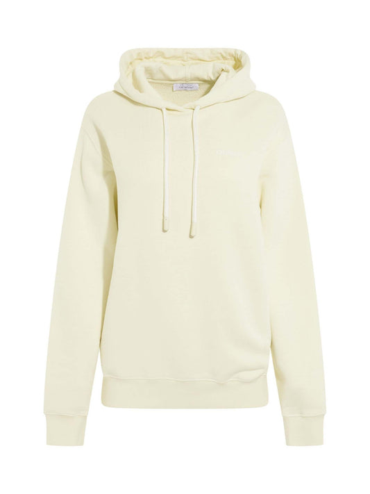 Image of a model wearing Outerwear. Productname: OFF-WHITE Embroidered Diagonal Tab Hoodie in BEIGE colour by brand - OFF-WHITE