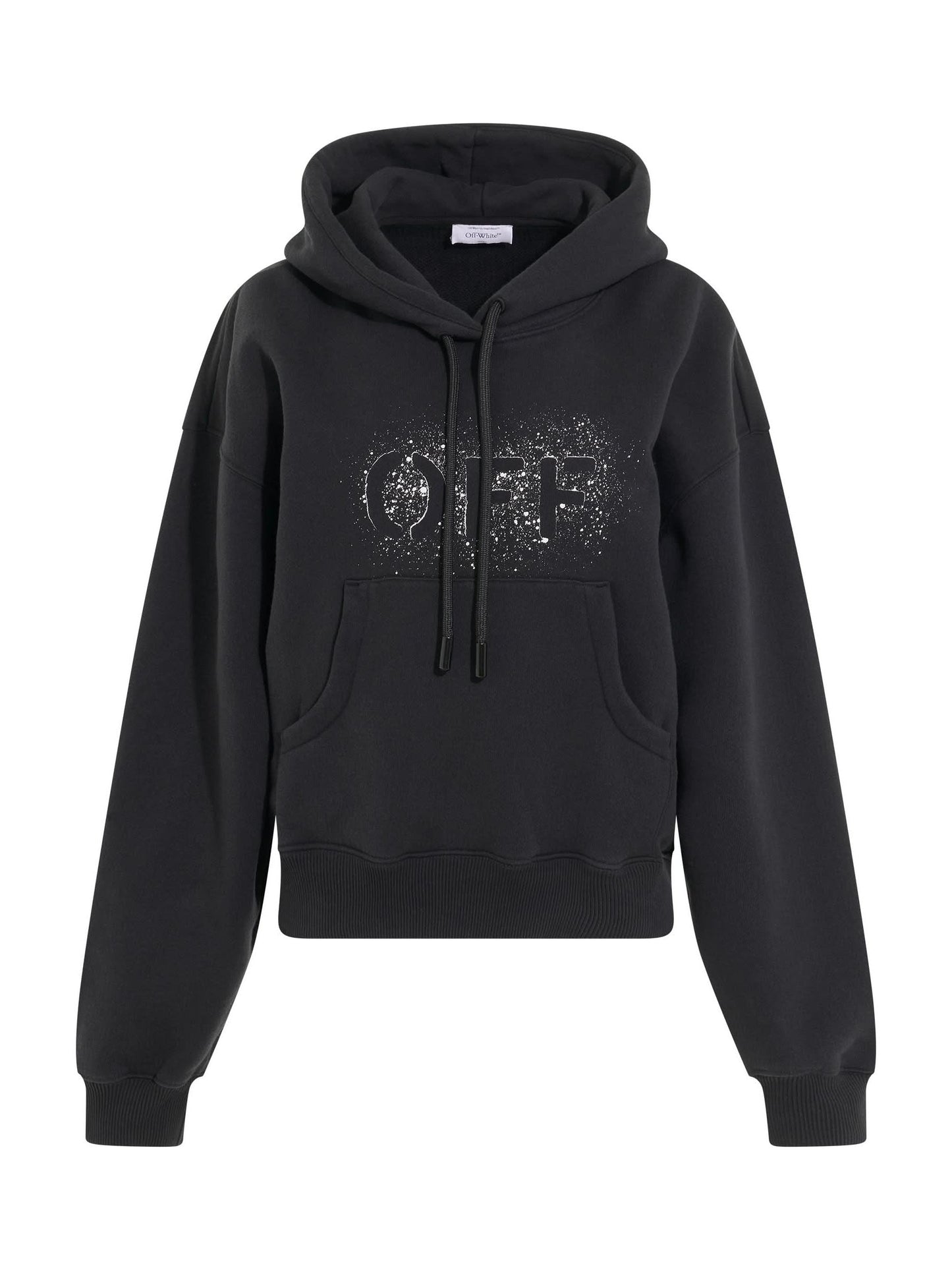 Image of a model wearing Outerwear. Productname: OFF-WHITE Logo Stencil Oversize Hoodie in BLACK colour by brand - OFF-WHITE