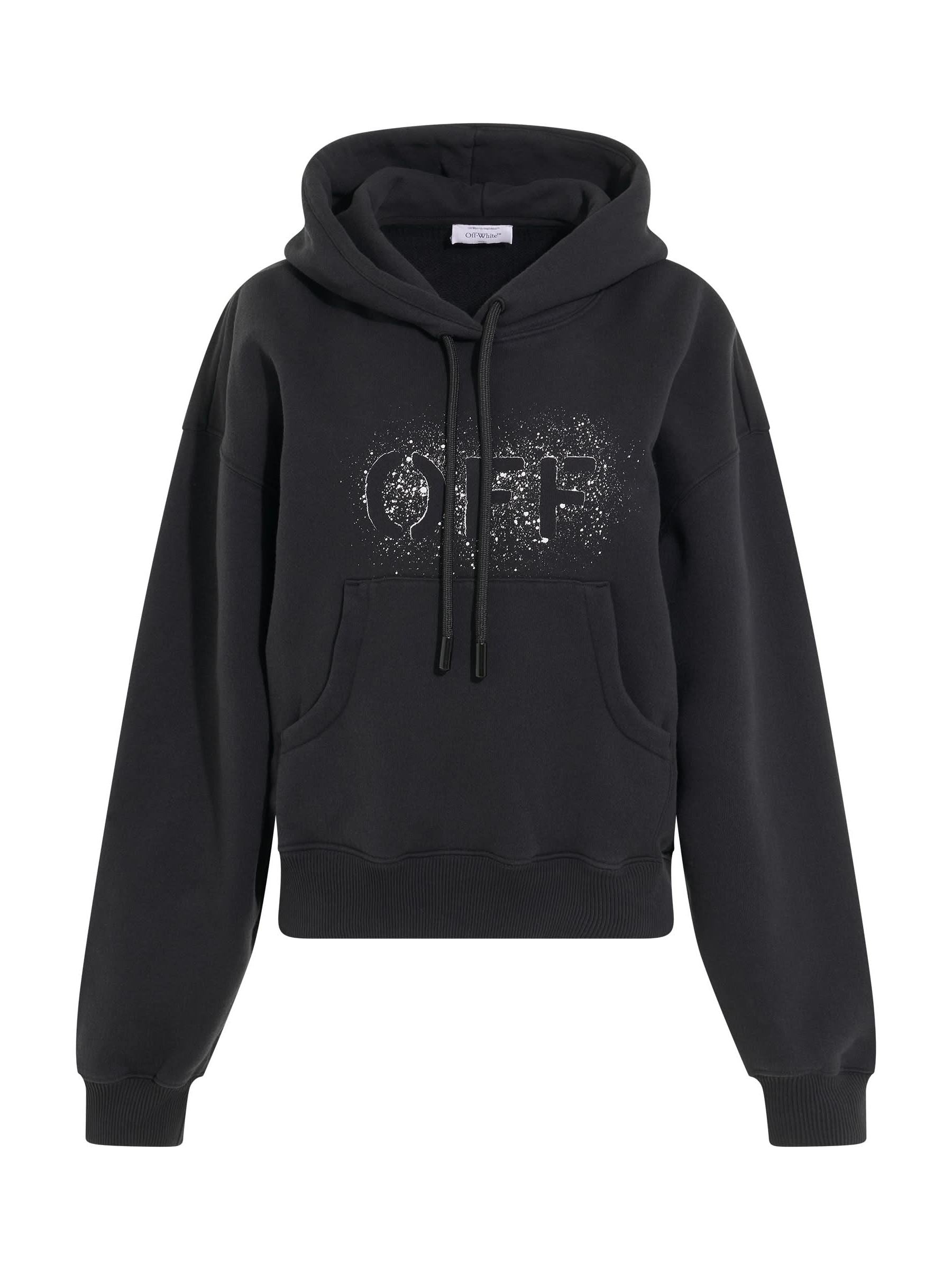 Image of a model wearing Outerwear. Productname: OFF-WHITE Logo Stencil Oversize Hoodie in BLACK colour by brand - OFF-WHITE