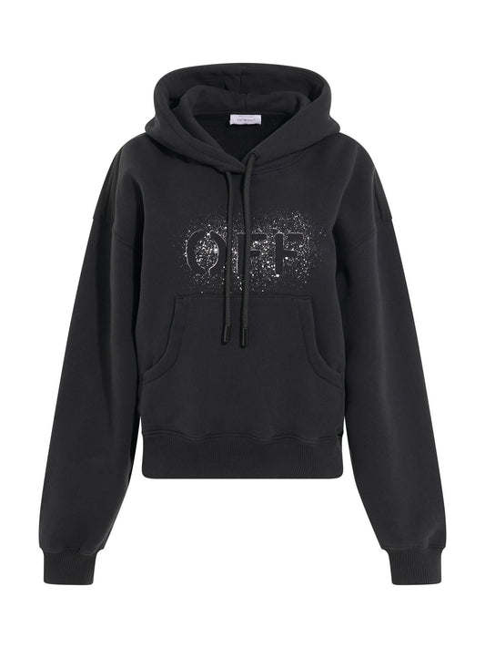 Image of a model wearing Outerwear. Productname: OFF-WHITE Logo Stencil Oversize Hoodie in BLACK colour by brand - OFF-WHITE
