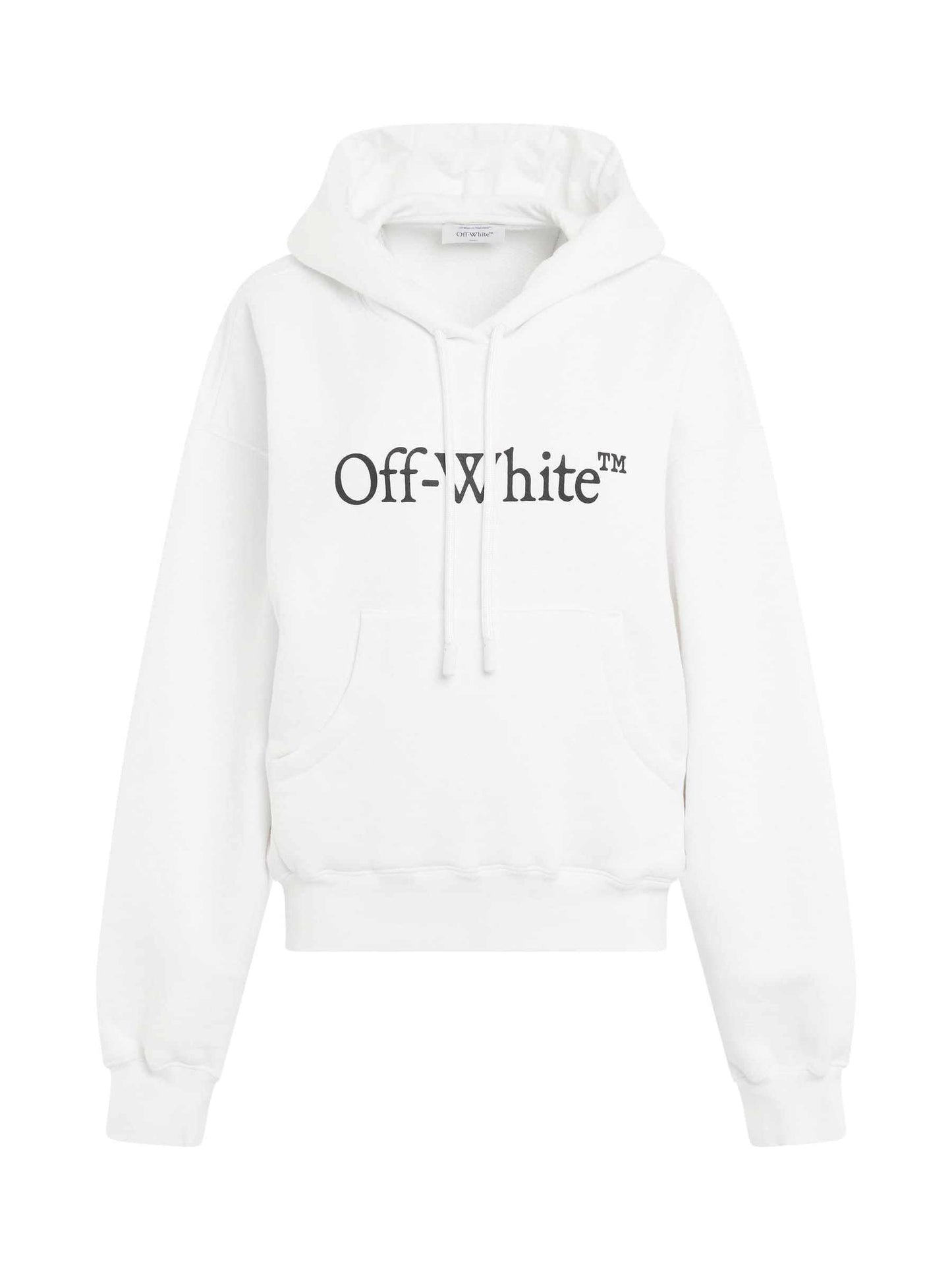 Image of a model wearing Outerwear. Productname: OFF-WHITE Big Logo Bookish Oversize Hoodie in WHITE colour by brand - OFF-WHITE