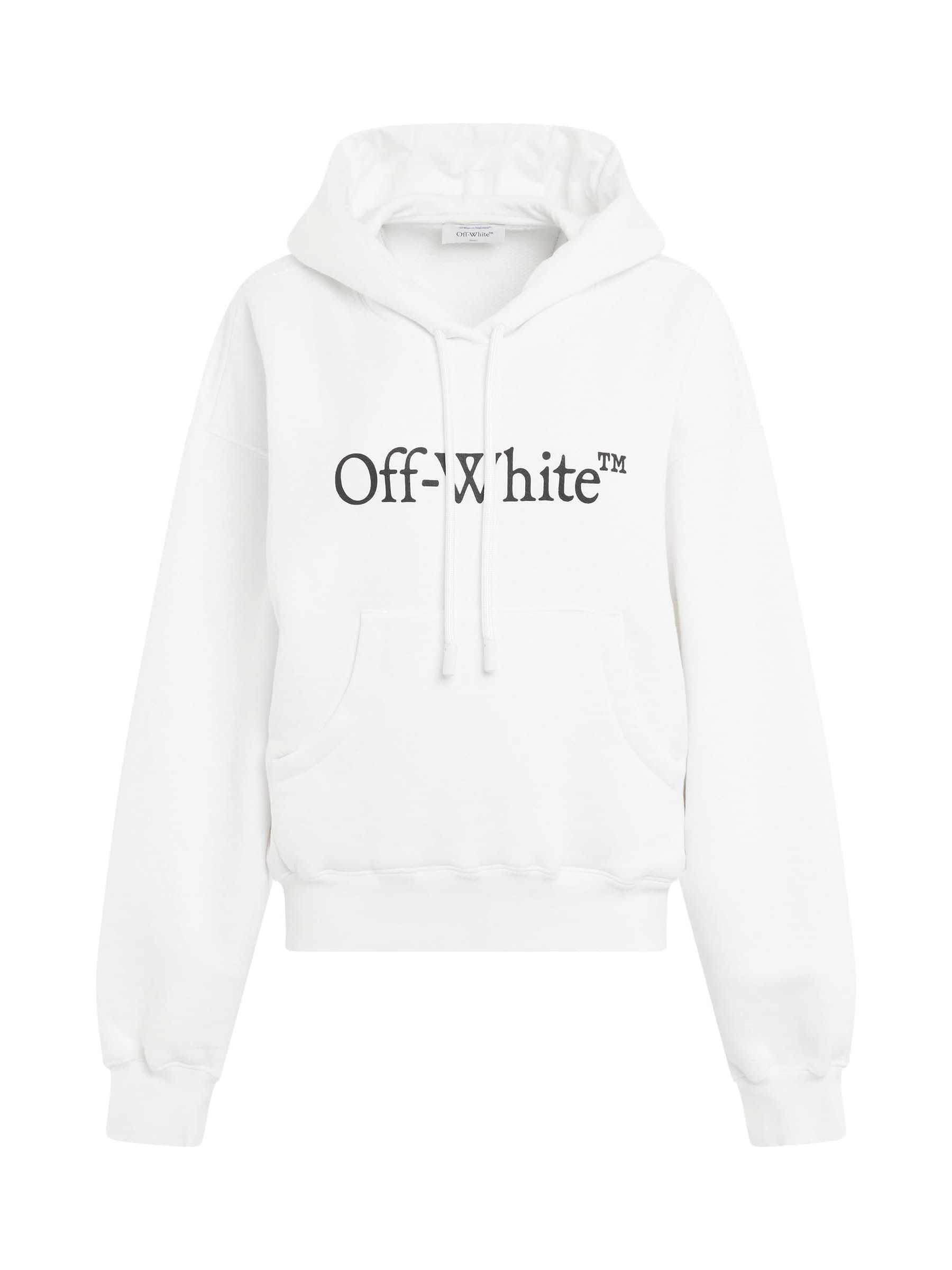 Image of a model wearing Outerwear. Productname: OFF-WHITE Big Logo Bookish Oversize Hoodie in WHITE colour by brand - OFF-WHITE