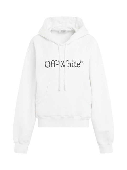 Image of a model wearing Outerwear. Productname: OFF-WHITE Big Logo Bookish Oversize Hoodie in WHITE colour by brand - OFF-WHITE