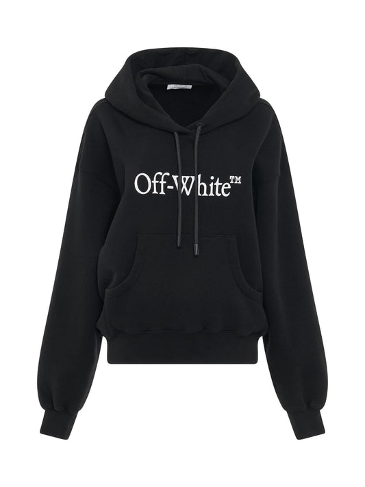 Image of a model wearing Outerwear. Productname: OFF-WHITE Big Logo Bookish Oversize Hoodie in BLACK colour by brand - OFF-WHITE