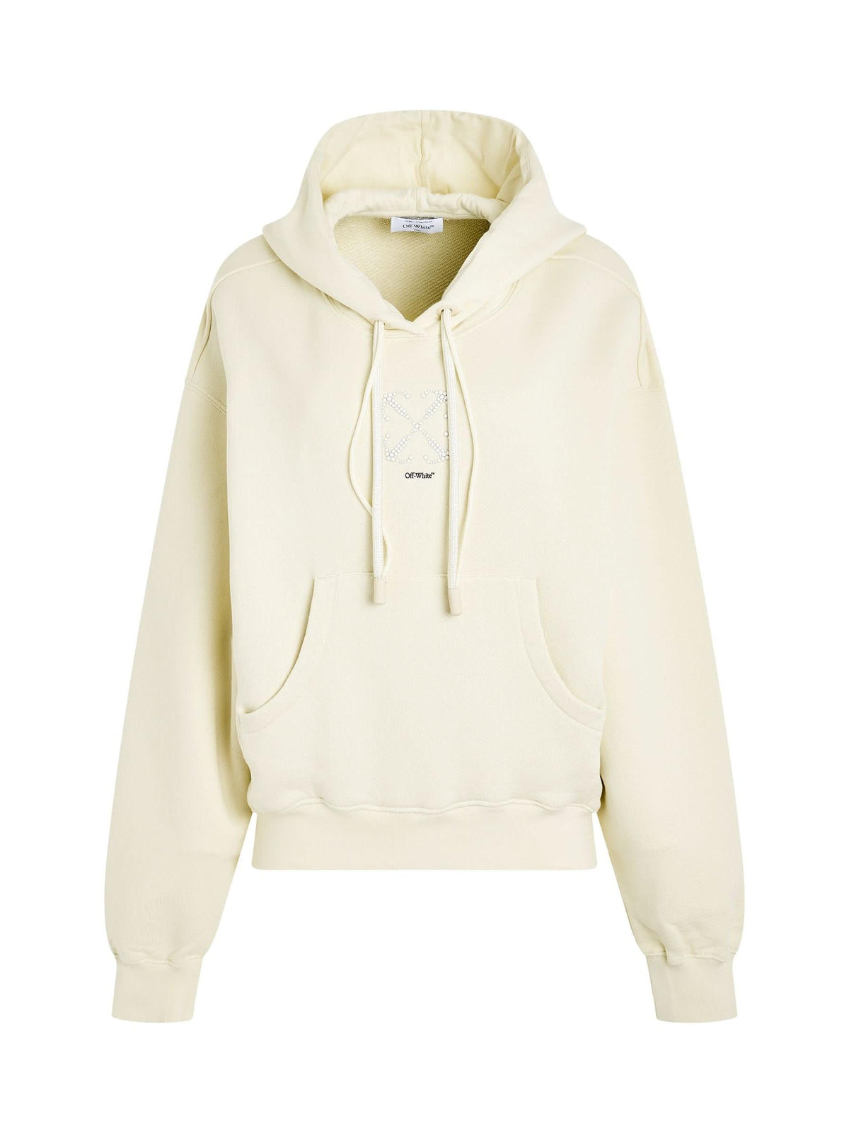 Image of a model wearing Outerwear. Productname: OFF-WHITE Small Arrow Pearl Oversize Fit Hoodie in BEIGE colour by brand - OFF-WHITE
