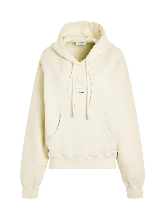 Image of a model wearing Outerwear. Productname: OFF-WHITE Small Arrow Pearl Oversize Fit Hoodie in BEIGE colour by brand - OFF-WHITE
