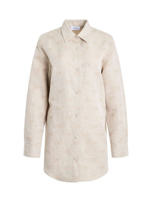 Image of a model wearing Tops. Productname: OFF-WHITE Linen Jacquard Overshirt in CREAM colour by brand - OFF-WHITE