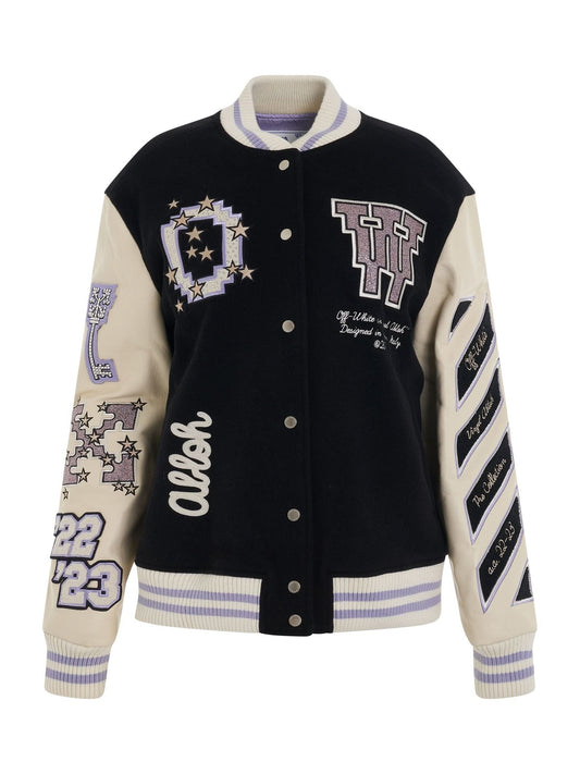 Image of Coats & Jackets. Productname: OFF-WHITE Embroidered Patch Logo Varsity Jacket in BLACK colour by brand - OFF-WHITE