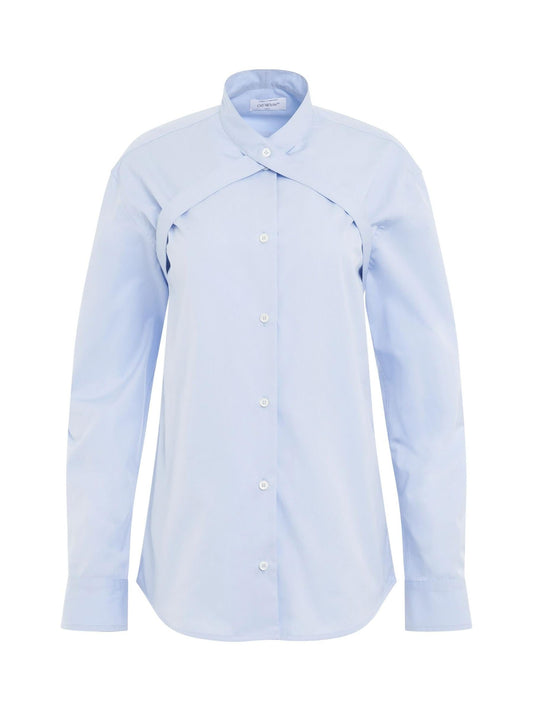 Image of a model wearing Tops. Productname: OFF-WHITE Poplin Cross Belt Shirt in BLUE colour by brand - OFF-WHITE