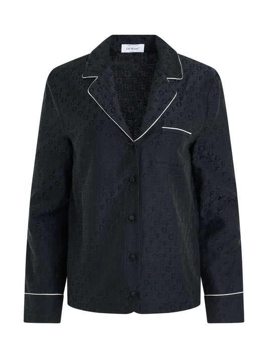 Image of a model wearing Tops. Productname: OFF-WHITE Logo Jacquardard Pajama Shirt in BLACK colour by brand - OFF-WHITE