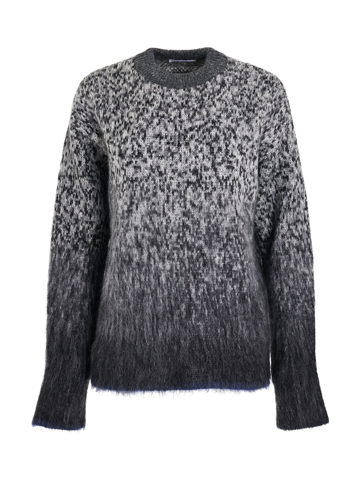 Image of a model wearing Outerwear. Productname: OFF-WHITE Fuzzy Mohair Arrow Knitwear in GREY colour by brand - OFF-WHITE