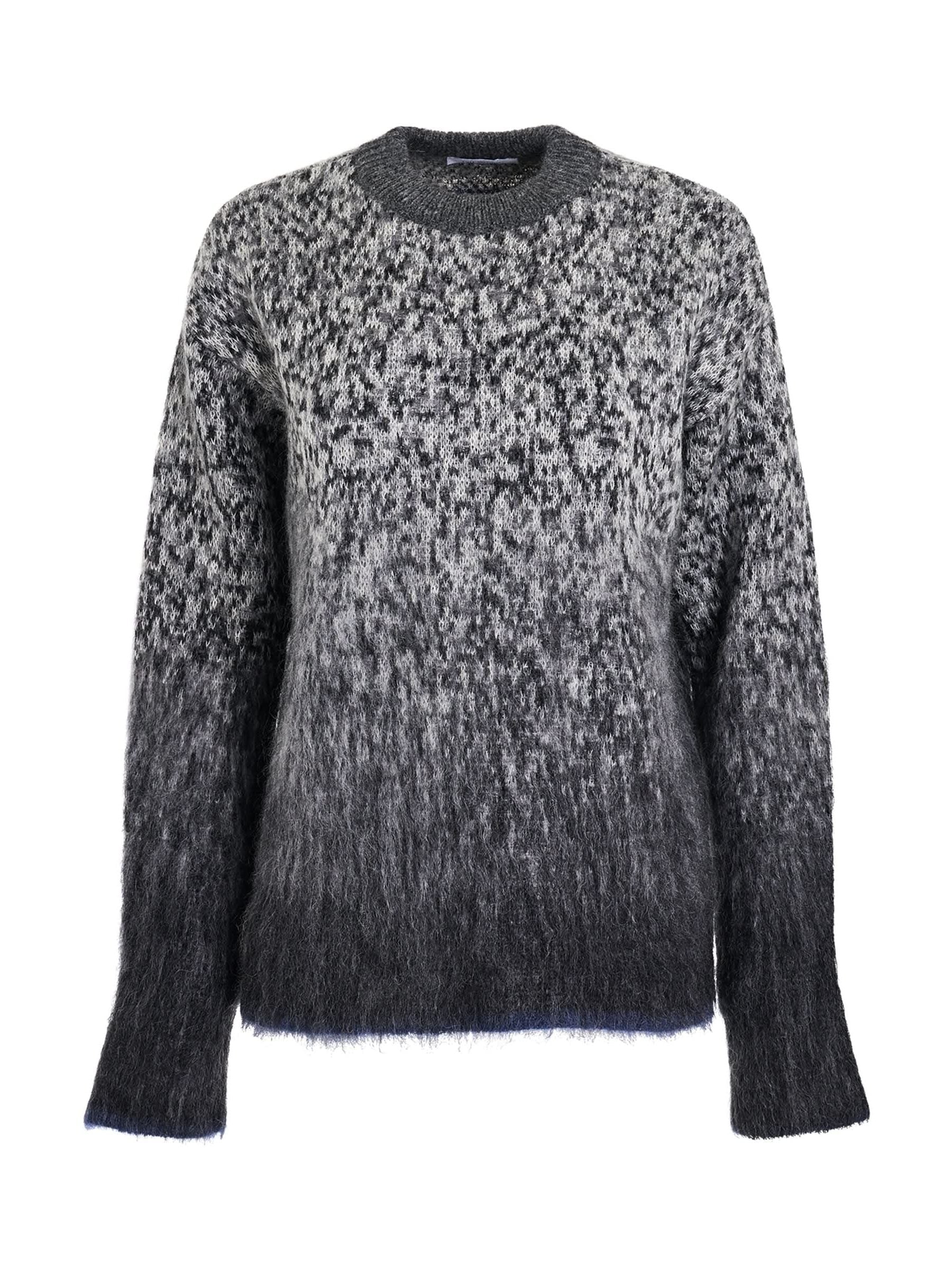 Image of a model wearing Outerwear. Productname: OFF-WHITE Fuzzy Mohair Arrow Knitwear in GREY colour by brand - OFF-WHITE