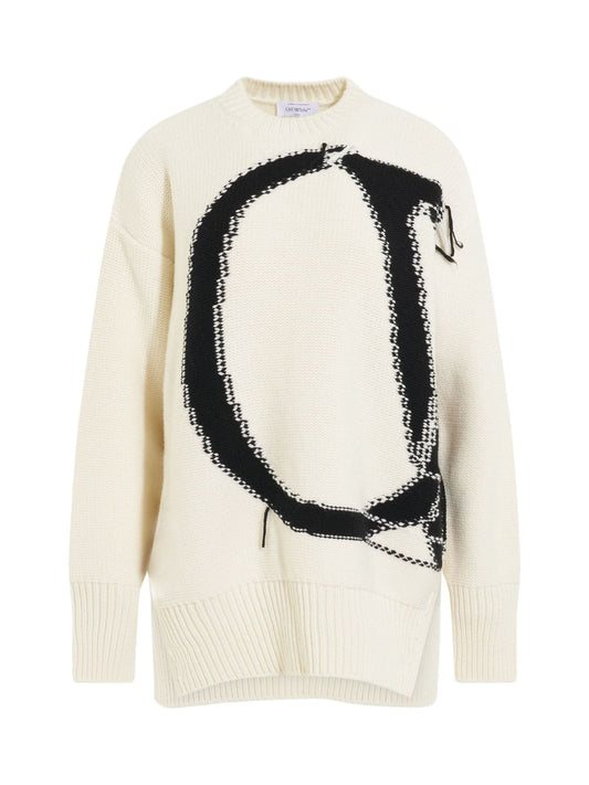 Image of a model wearing Outerwear. Productname: OFF-WHITE OW Maxi Logo Knitwear in WHITE colour by brand - OFF-WHITE