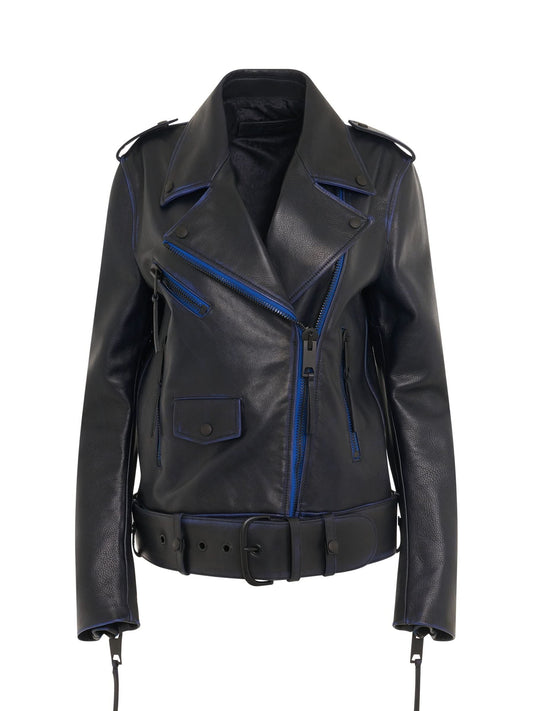 Image of Coats & Jackets. Productname: OFF-WHITE Vintage Oversize Leather Biker Jacket in BLUE colour by brand - OFF-WHITE