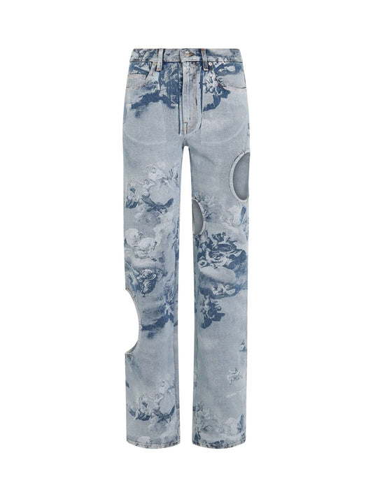 Image of a model wearing Denim. Productname: OFF-WHITE Sky Meteor Cool Baggy Jeans in BLUE colour by brand - OFF-WHITE