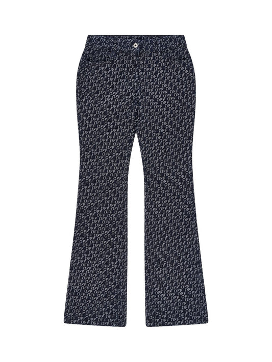 Image of a model wearing Denim. Productname: OFF-WHITE Logo Flared 5 Pockets Jeans in BLUE colour by brand - OFF-WHITE