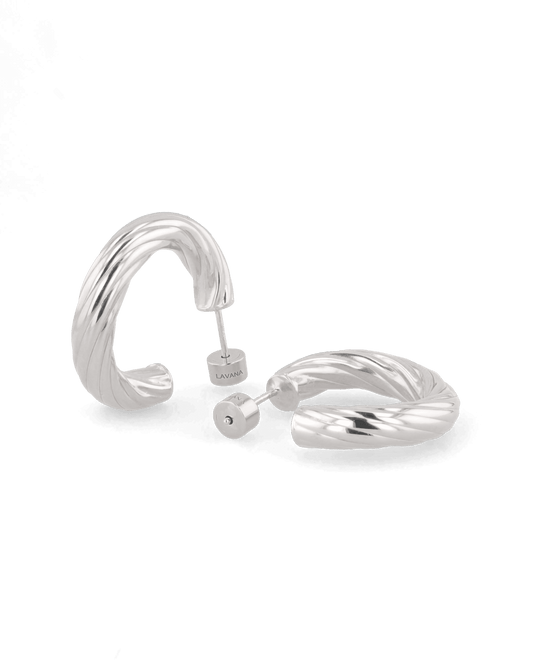 Image of Earrings. Product name - Oceania Silver Hoop Earrings in colour by brand - LAVANA