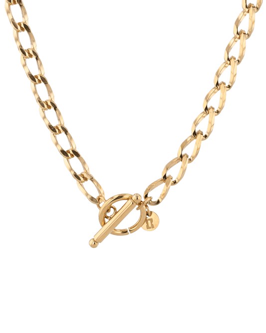 Image of Necklaces. Product name - Off Duty T-Bar Gold Chain Necklace in colour by brand - LAVANA