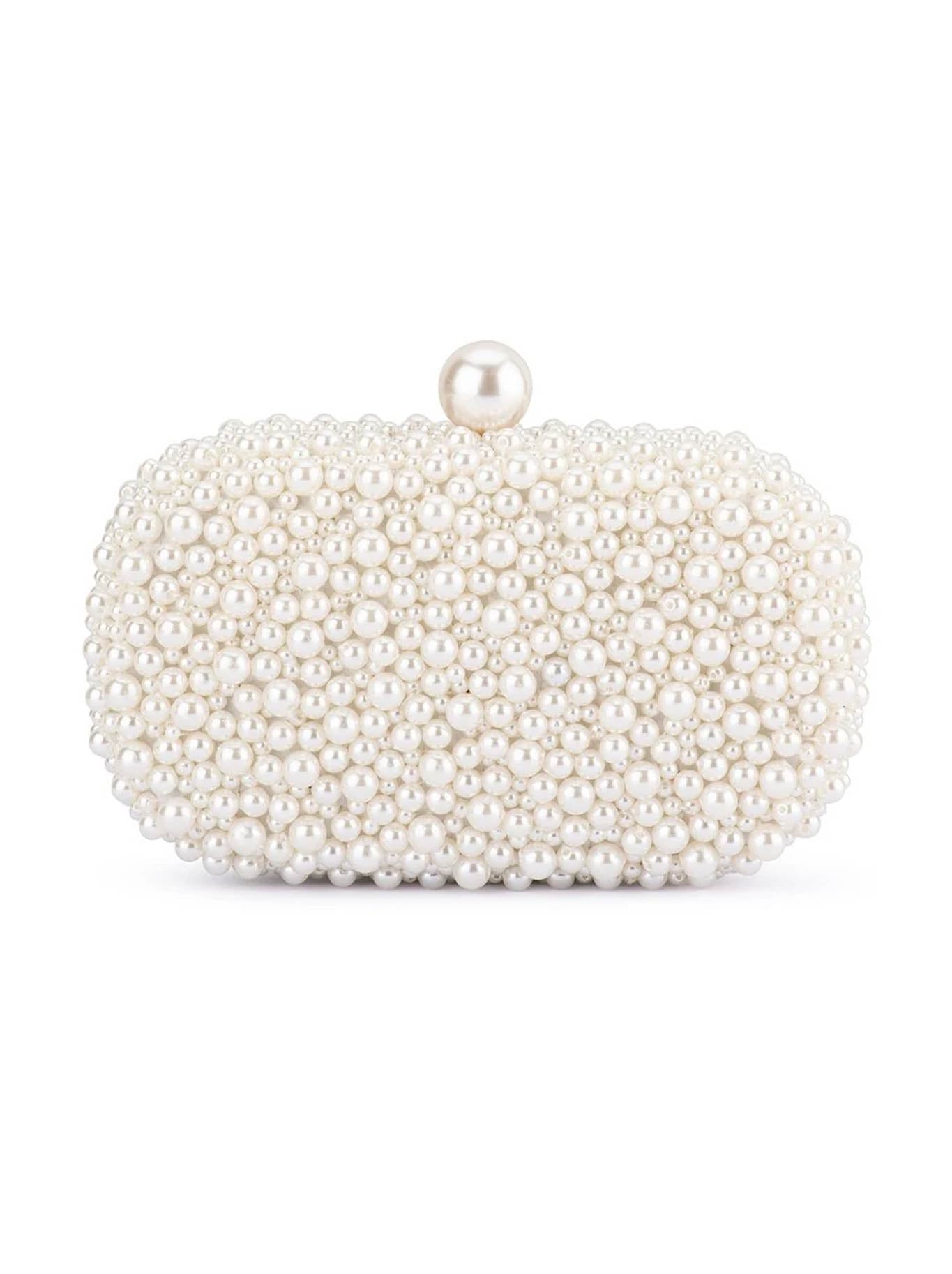 Image of Accessories. Product name - Olga Berg Valentina Pearl Clutch in Pearl Silver colour by brand - Olga Berg