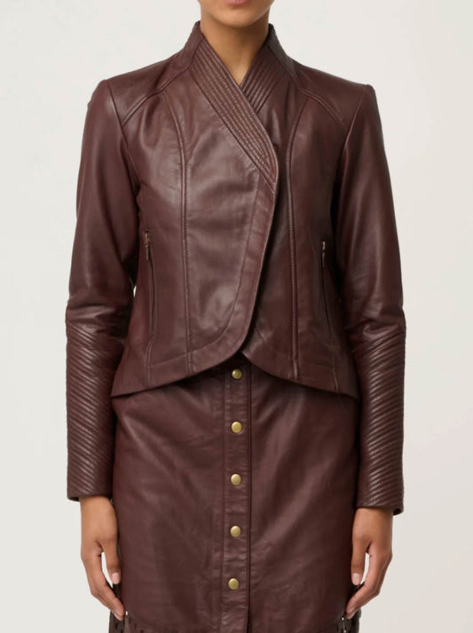 Image of Coats & Jackets. Product name - Once Was Acer Leather Jacket in Oxblood colour by brand - Once Was