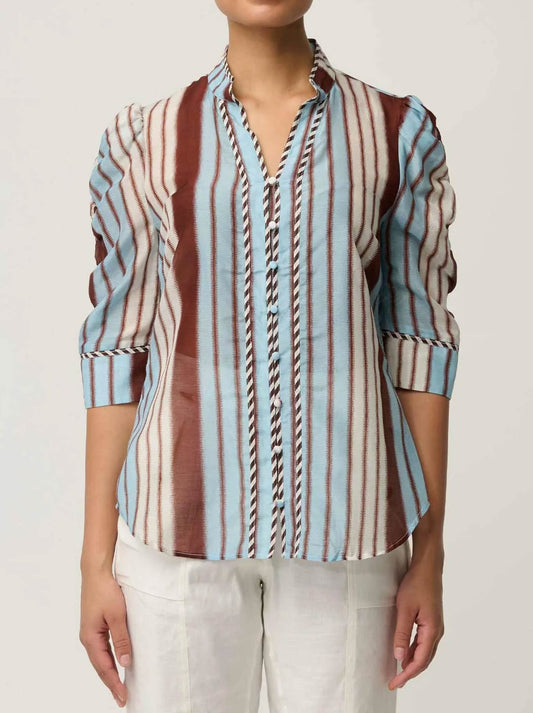 Image of a model wearing Tops. Product name - Once Was Calantha Shirt in Iridescent colour by brand - Once Was