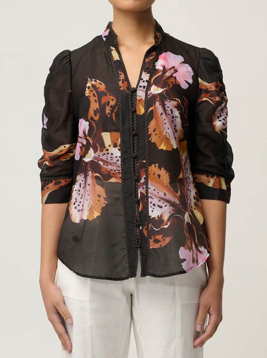 Image of a model wearing Tops. Product name - Once Was Calantha Shirt in Sunset Orchid colour by brand - Once Was