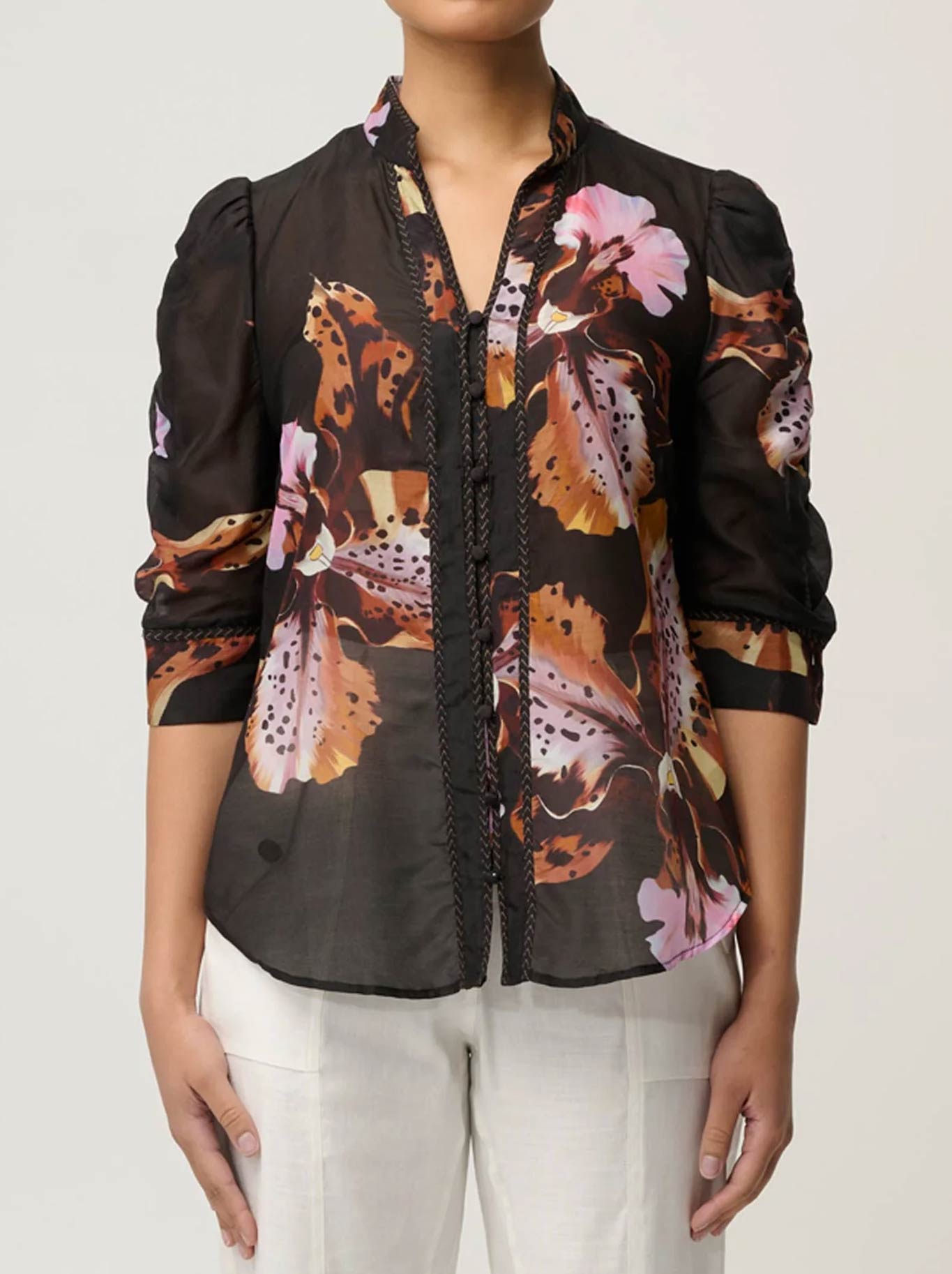 Image of a model wearing Tops. Product name - ONCE WAS CALANTHA SHIRT in Sunset Orchid colour by brand - Once Was