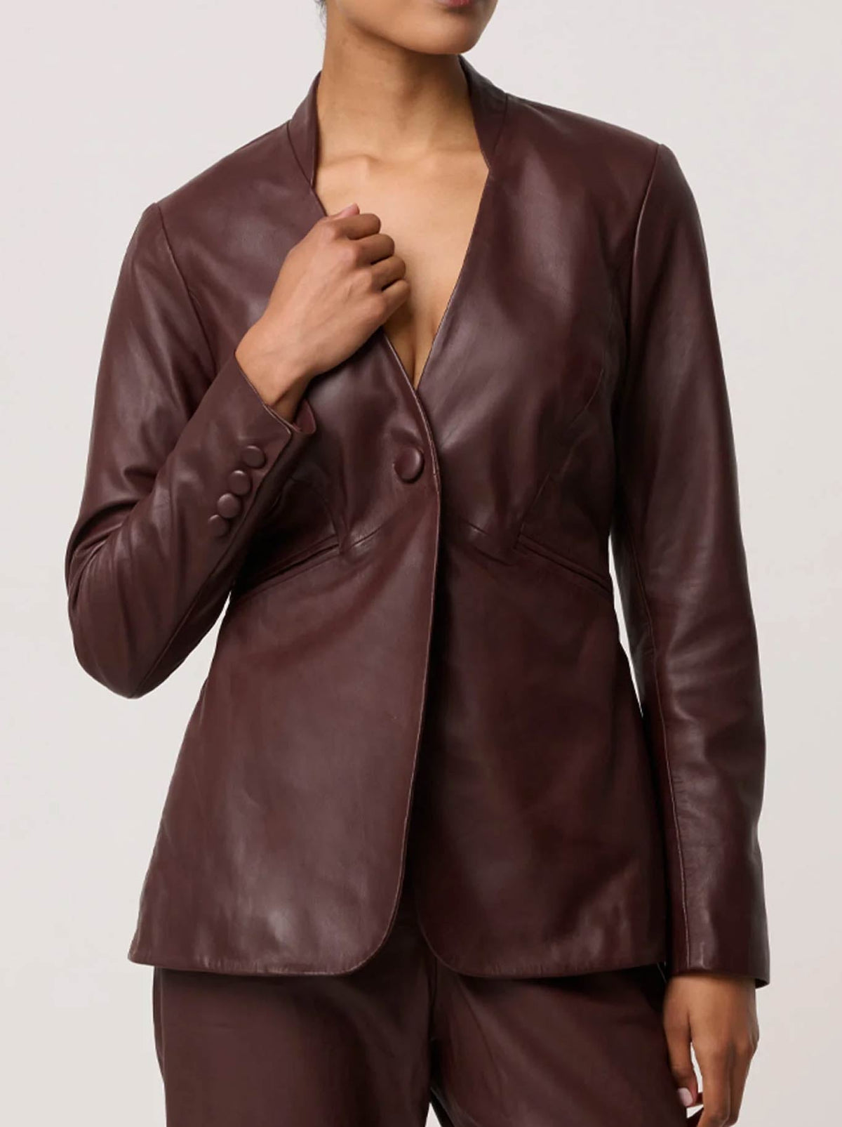 Image of Coats & Jackets. Product name - Once Was Calypso Leather Blazer in Oxblood colour by brand - Once Was