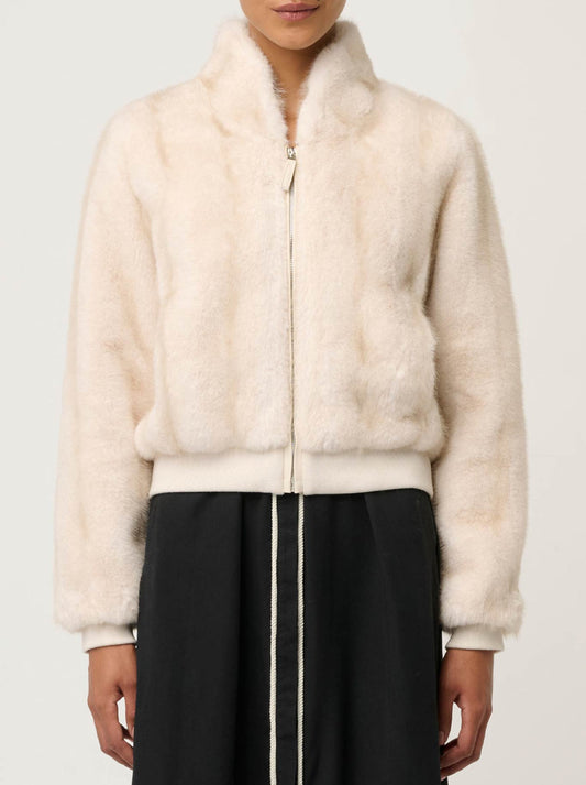 Image of a model wearing Outerwear. Productname: Once Was Chrysta Faux Fur Bomber in Porcelain colour by brand - Once Was