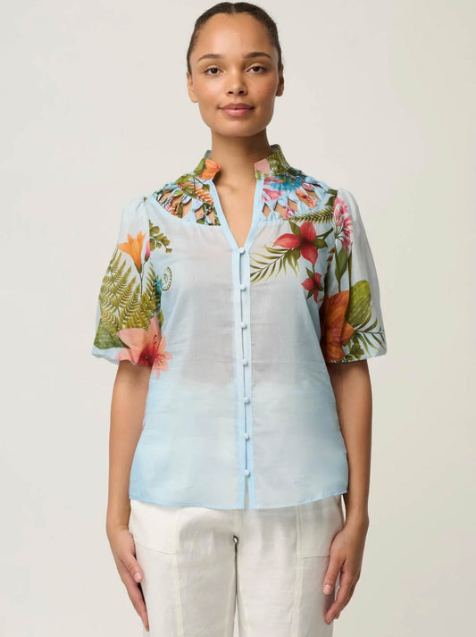 Image of a model wearing Tops. Product name - Once Was Coralie Blouse in Bloom Scape colour by brand - Once Was