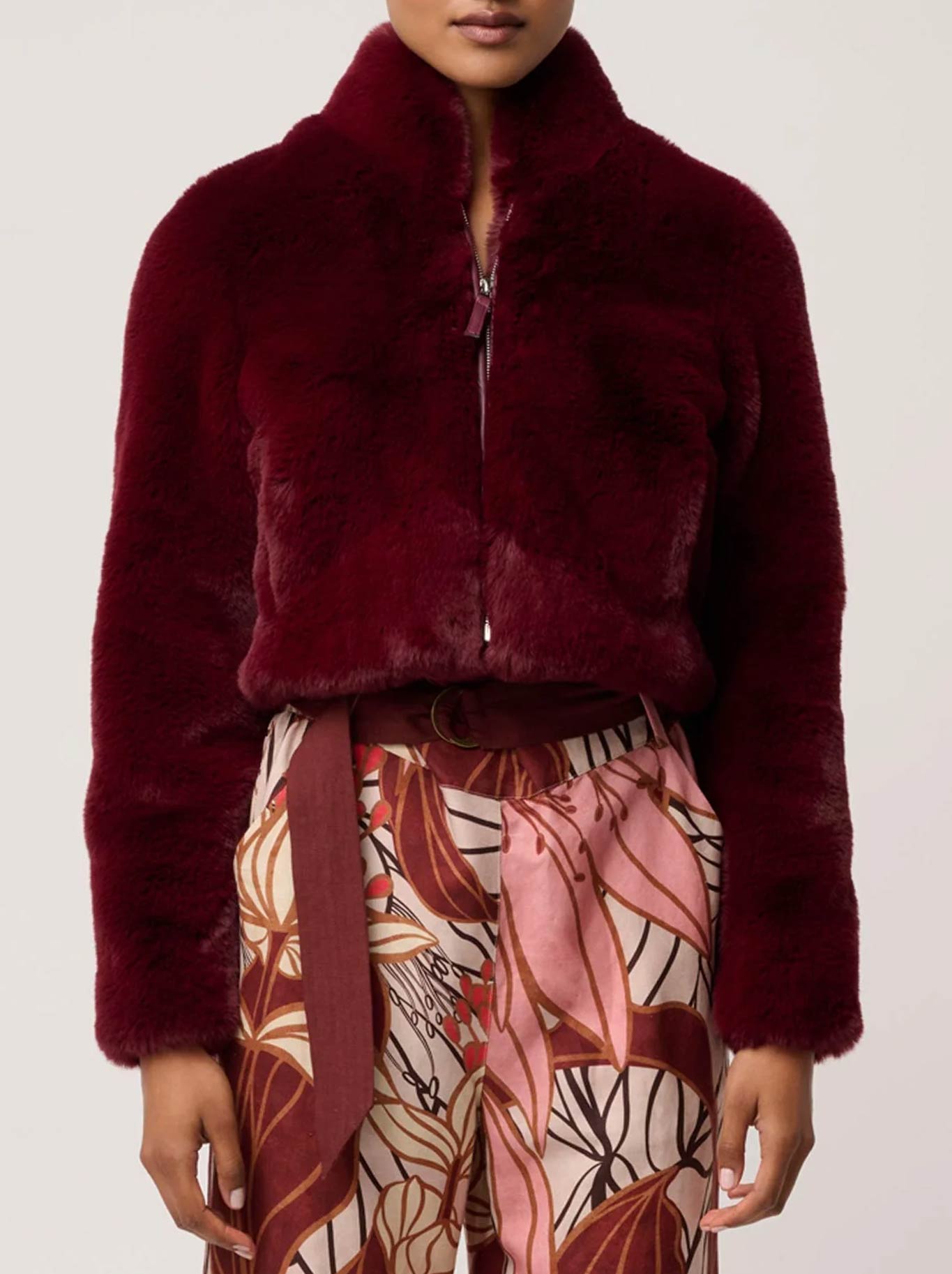 Image of Coats & Jackets. Product name - Once Was Dawn Faux Fur Jacket in Bordeaux colour by brand - Once Was