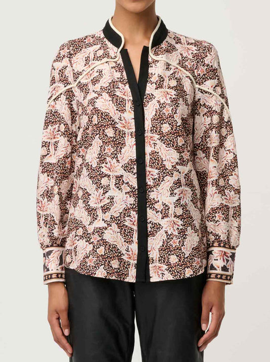 Image of a model wearing Tops. Product name - ONCE WAS HARLEY SHIRT in Tangled Blossom colour by brand - Once Was