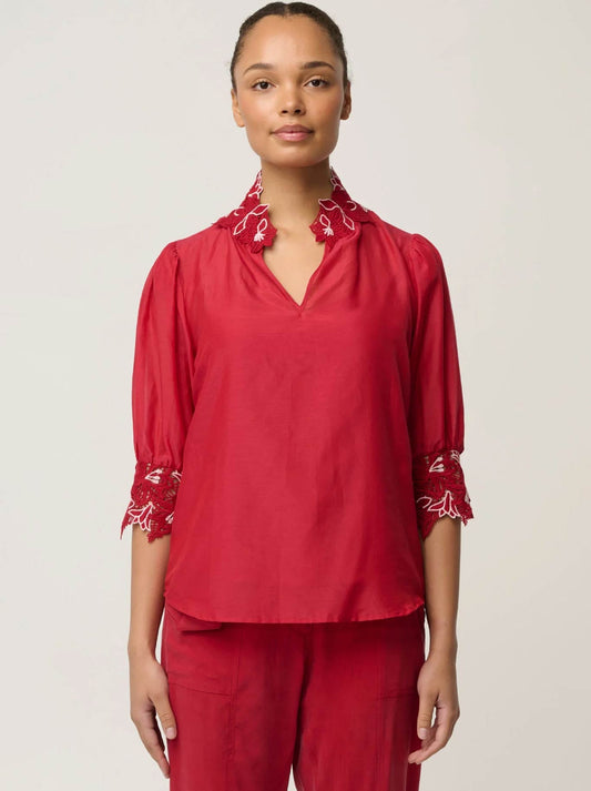 Image of a model wearing Tops. Product name - Once Was Jardin Blouse in Red colour by brand - Once Was