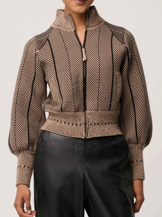 Image of Coats & Jackets. Product name - Once Was Jeanne Textured Knit Bomber Jacket in Tan colour by brand - Once Was